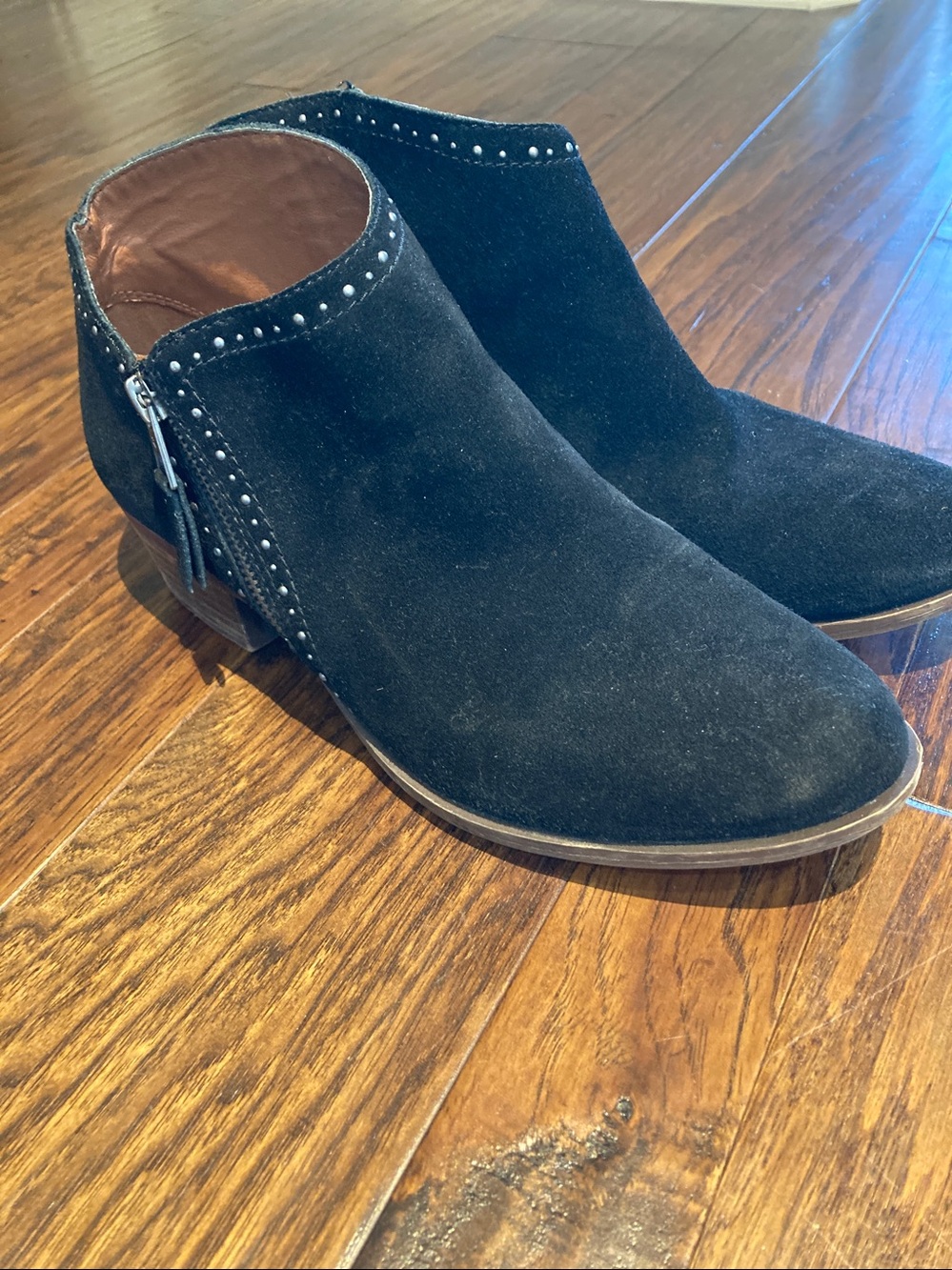 Lucky Brand Black Suede Studded Ankle Booties with Side Zip